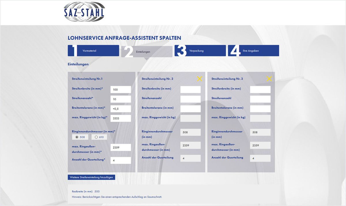 Anfrageassistent - Schritt 2 - Einteilungen