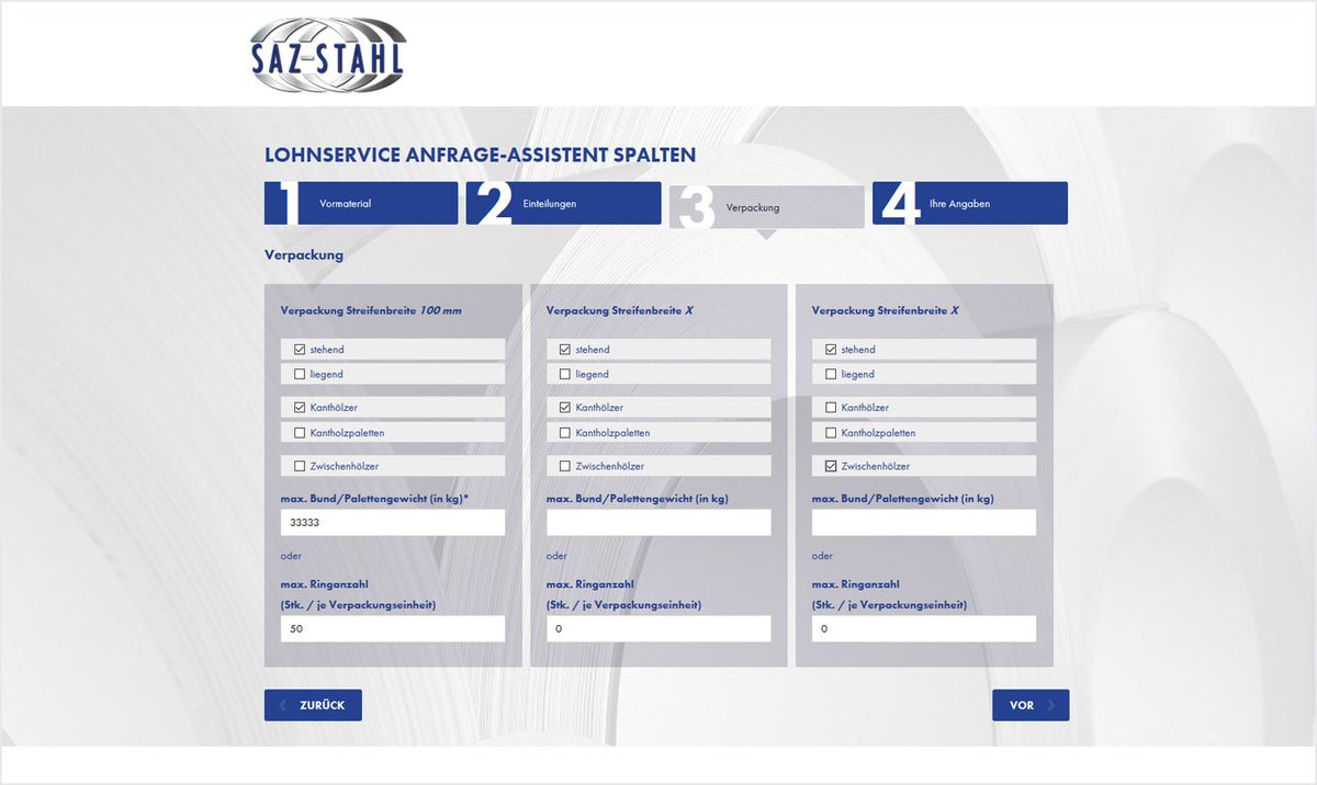 Anfrageassistent - Schritt 3 - Verpackung